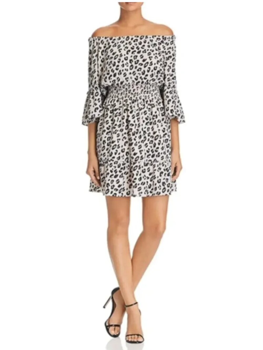 Le Gali Leopard Print Off Shoulder Boho Mini Dress Smocked Festival L